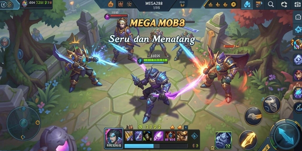 Screenshot MEGA288 menampilkan pertarungan hero yang mendebarkan dan strategis.