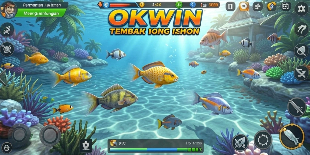 Screenshot utama OKWIN menampilkan aksi seru menembak ikan.