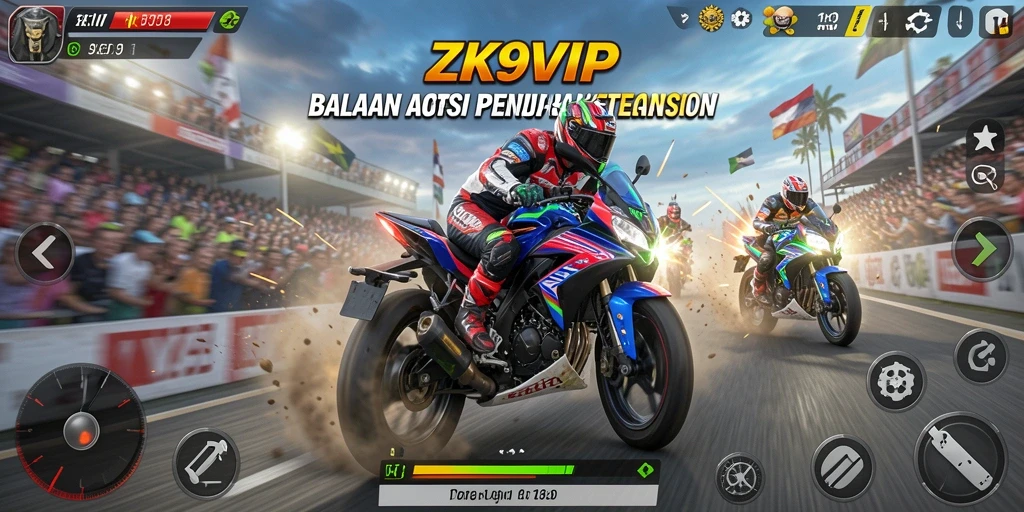 Screenshot gameplay ZK9VIP menampilkan aksi balapan motor yang mendebarkan.